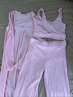 Ribbed Pink Lounge Pants Set - 3-Piece Cozy Outfit